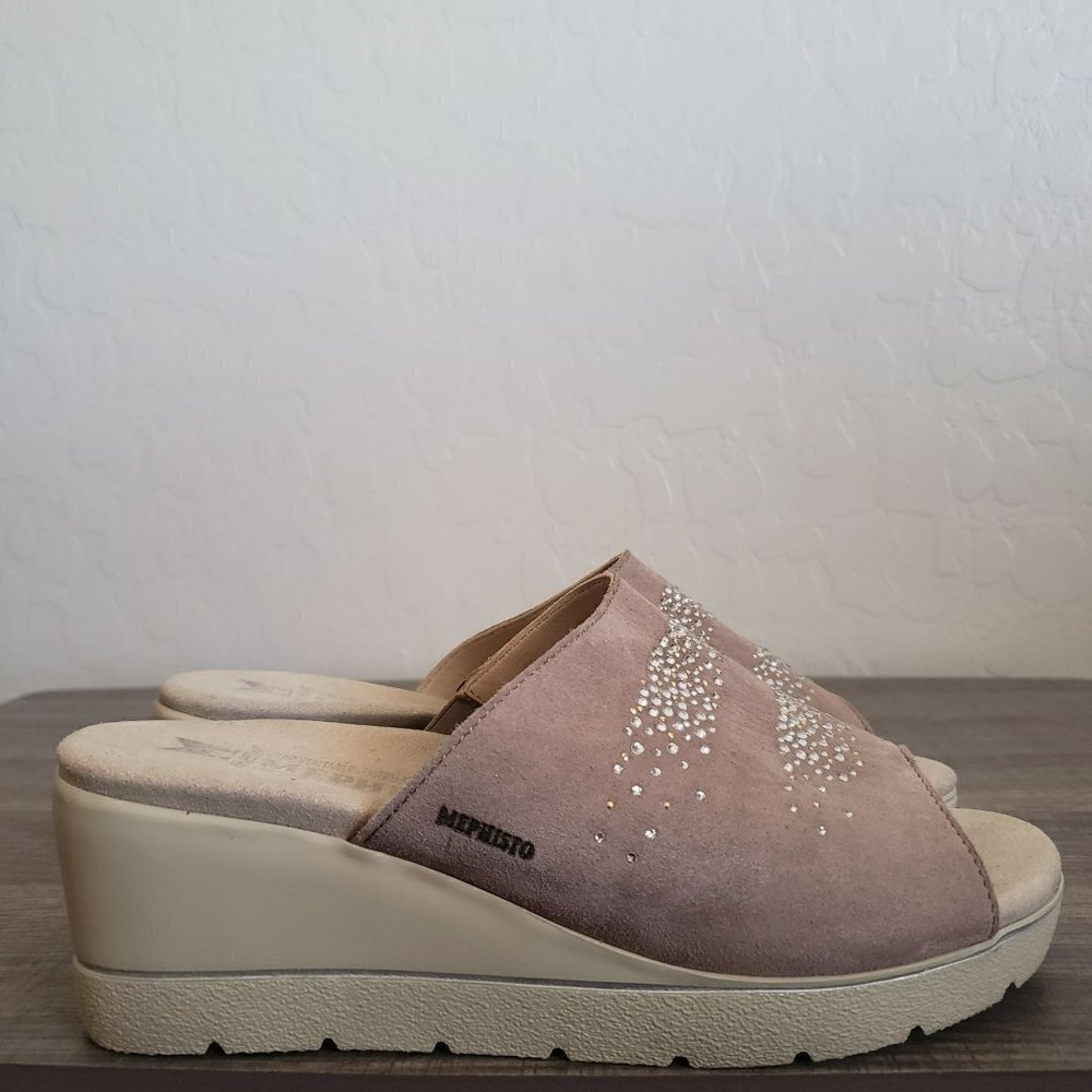 Mephisto Enzia Sparkle Wedge Suede Slide Sandals Rhinestones Taupe Size 6 EU 36
